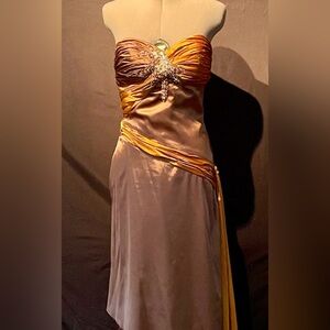 Beaded, Strapless, Gold and Brown Formal Dress by Princess Collection. Size 6.